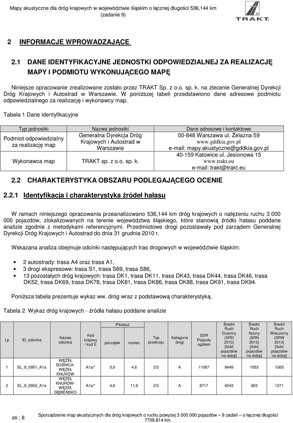 Tabela 1 Dane identyfikacyjne Typ jednostki Nazwa jednostki Dane adresowe i kontaktowe Generalna Dyrekcja Dróg 00-848 Warszawa ul. śelazna 59 Krajowych i Autostrad w www.gddkia.gov.