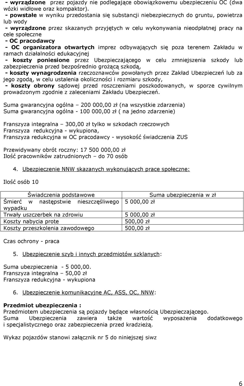 pracodawcy - OC organizatora otwartych imprez odbywających się poza terenem Zakładu w ramach działalności edukacyjnej - koszty poniesione przez Ubezpieczającego w celu zmniejszenia szkody lub