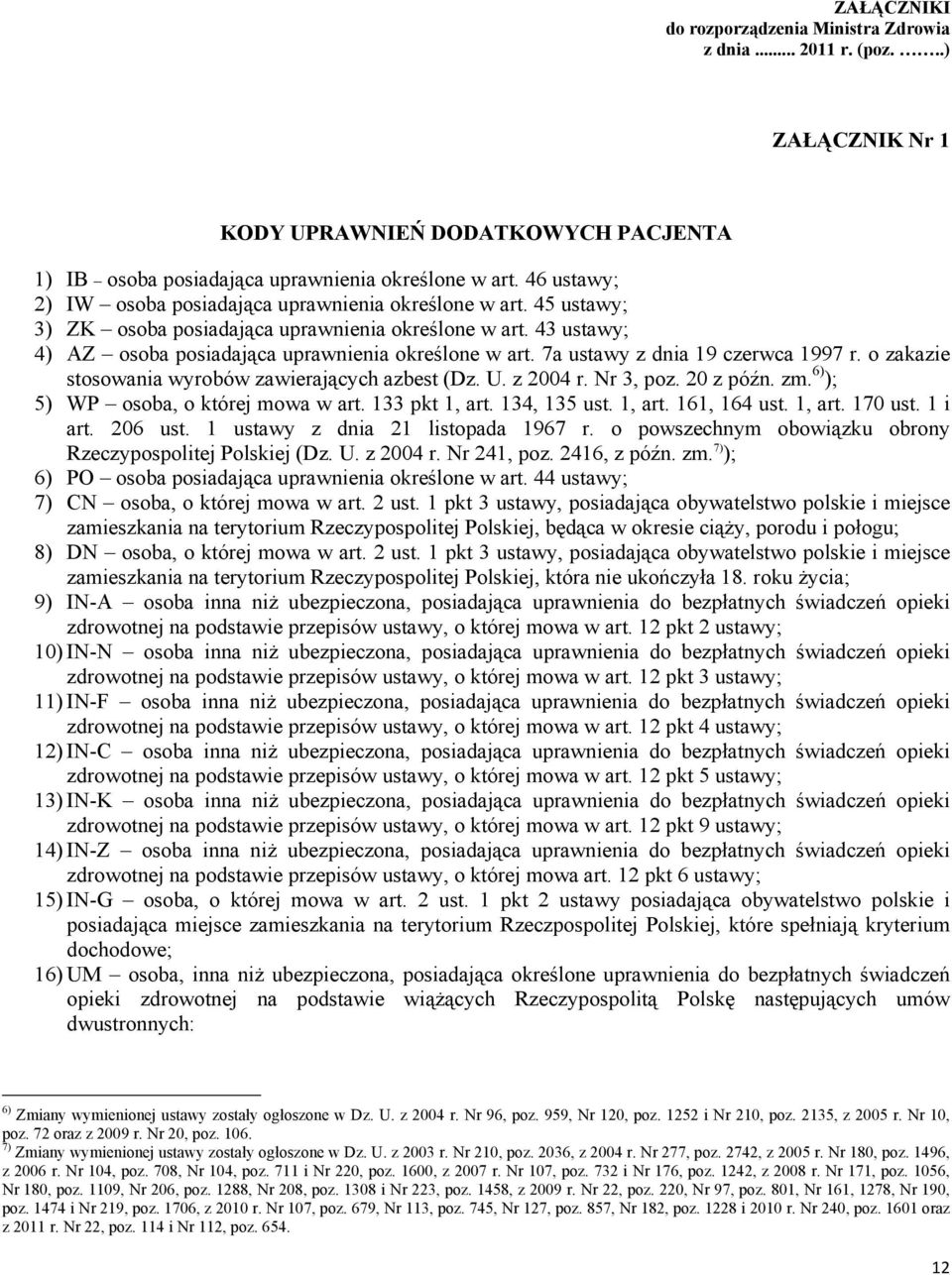 7a ustawy z dnia 19 czerwca 1997 r. o zakazie stosowania wyrobów zawierających azbest (Dz. U. z 2004 r. Nr 3, poz. 20 z późn. zm. 6) ); 5) WP osoba, o której mowa w art. 133 pkt 1, art. 134, 135 ust.