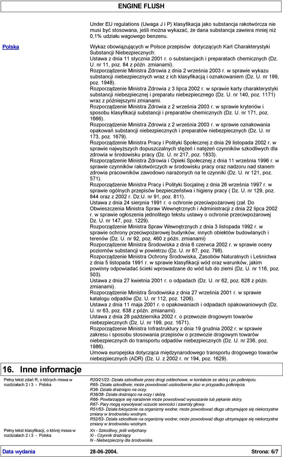 Kart Charakterystyki Substancji Niebezpiecznych: Ustawa z dnia 11 stycznia 2001 r. o substancjach i preparatach chemicznych (Dz. U. nr 11, poz. 84 z późn. zmianami).