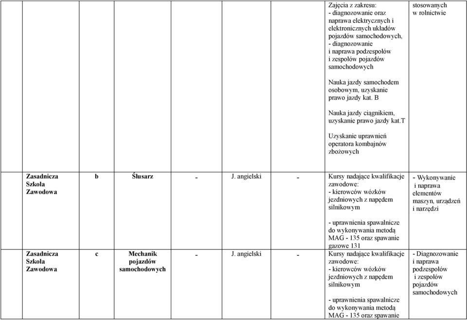 angielski - Kursy nadające kwalifikacje zawodowe: - kierowców wózków jezdniowych z napędem silnikowym - Wykonywanie i naprawa elementów maszyn, urządzeń i narzędzi c Mechanik pojazdów - uprawnienia