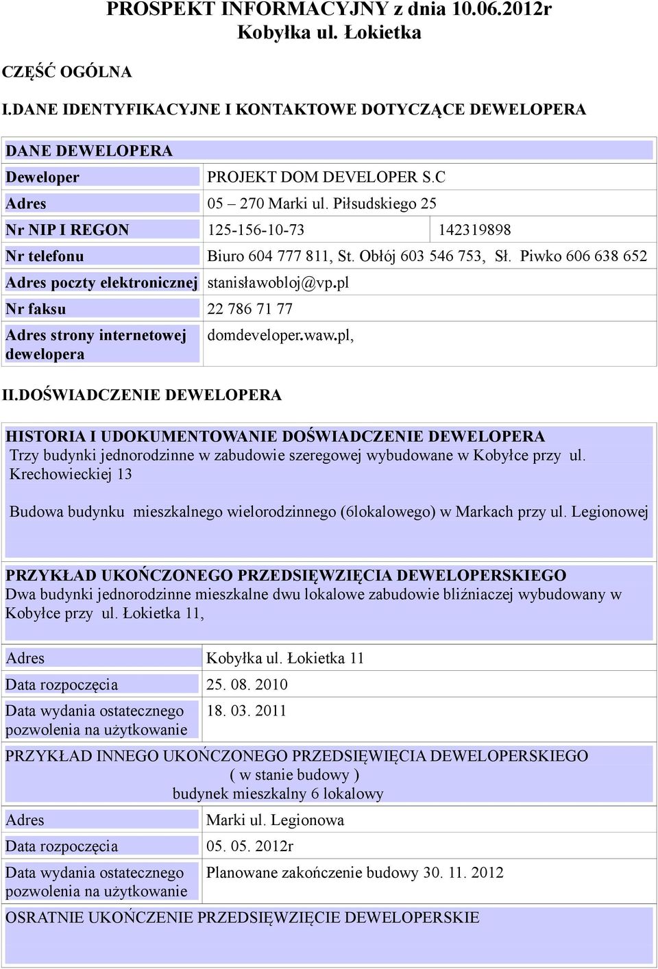 Piwko 606 638 652 Adres poczty elektronicznej stanisławobloj@vp.pl Nr faksu 22 786 71 77 Adres strony internetowej dewelopera domdeveloper.waw.pl, II.