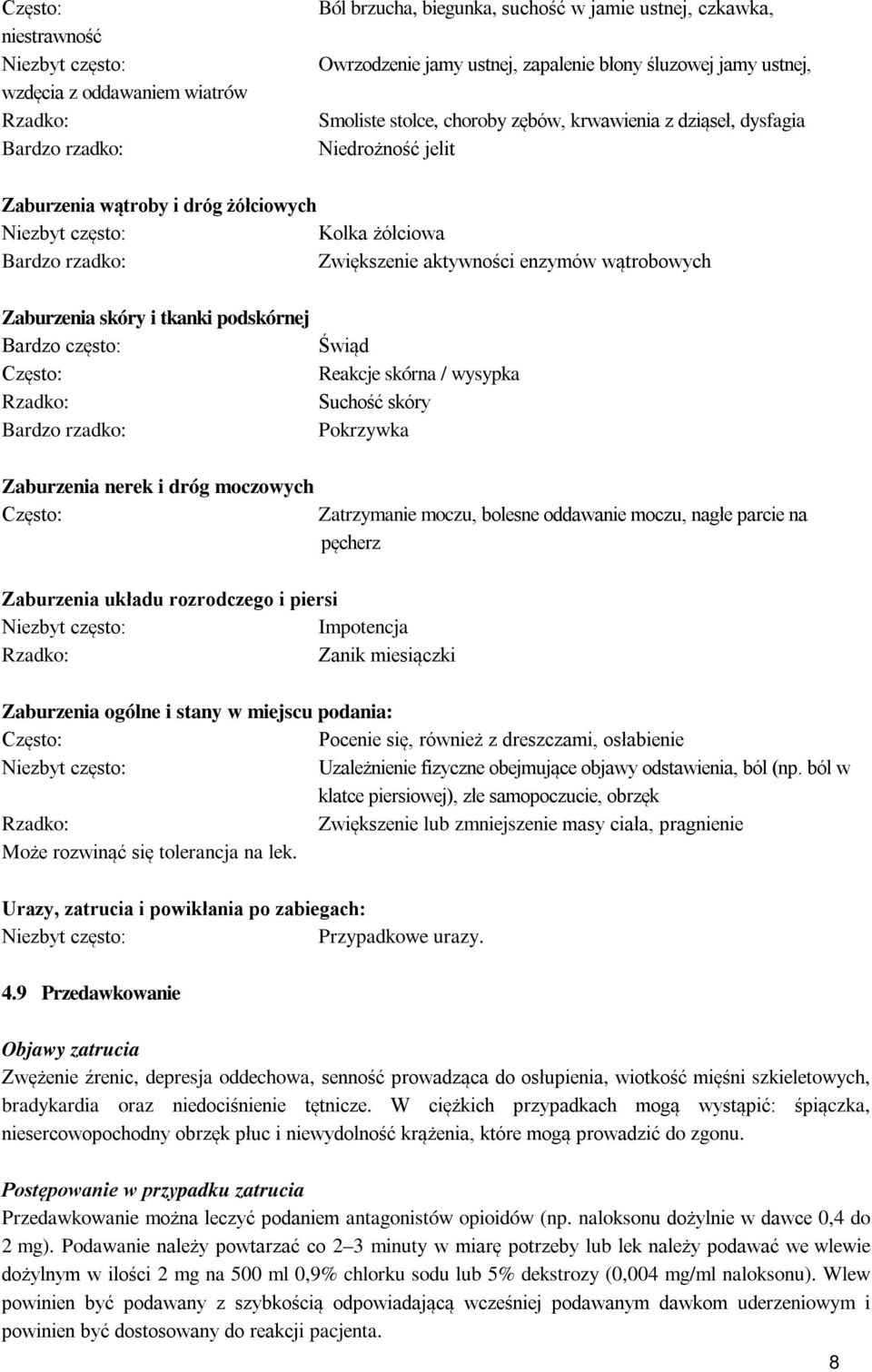 podskórnej Bardzo często: Bardzo rzadko: Świąd Reakcje skórna / wysypka Suchość skóry Pokrzywka Zaburzenia nerek i dróg moczowych Zatrzymanie moczu, bolesne oddawanie moczu, nagłe parcie na pęcherz