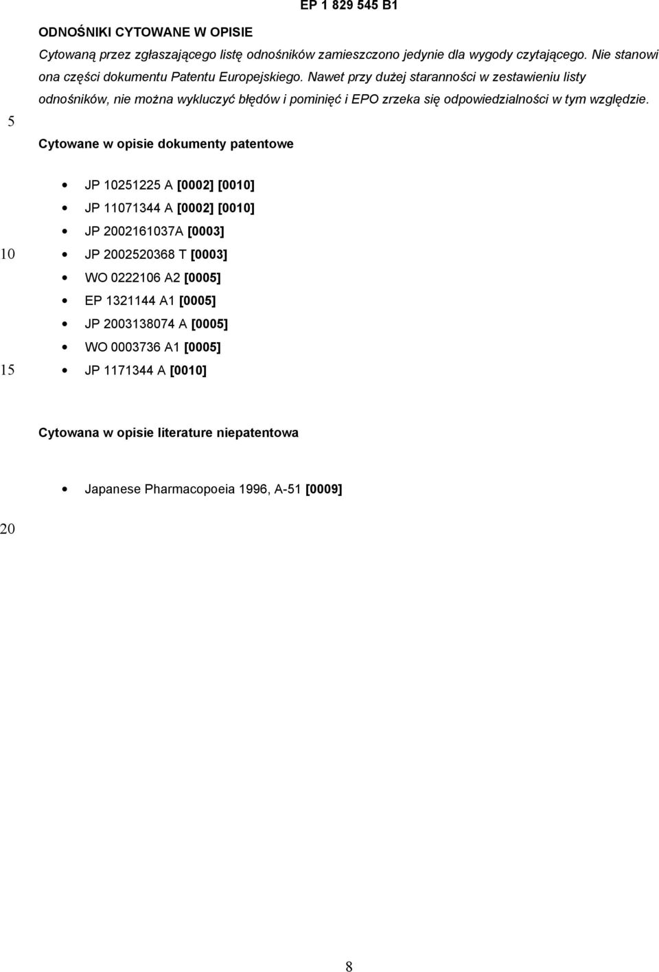 Nawet przy dużej staranności w zestawieniu listy odnośników, nie można wykluczyć błędów i pominięć i EPO zrzeka się odpowiedzialności w tym względzie.