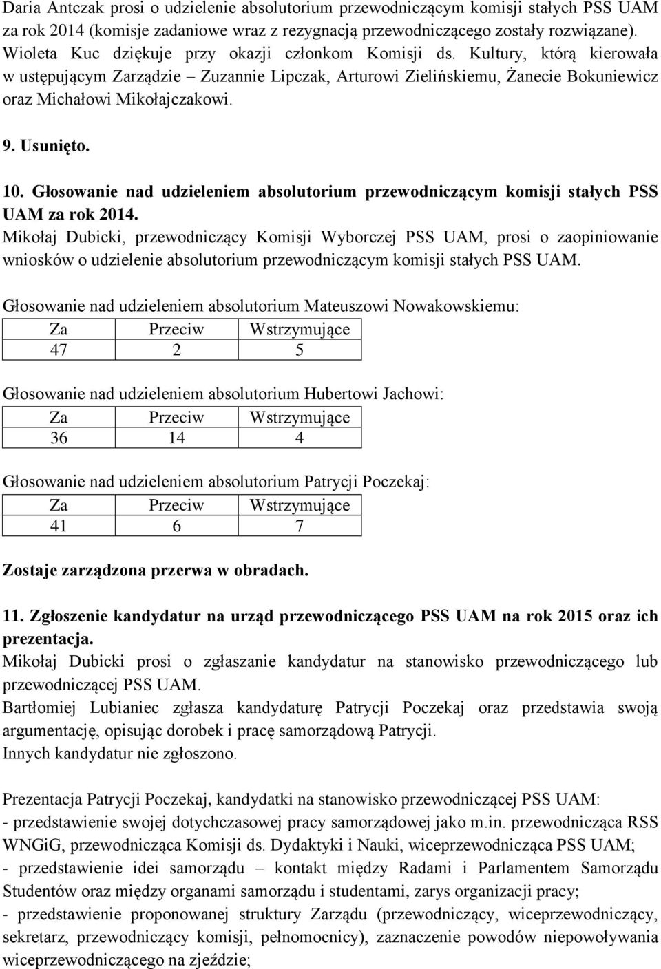 Usunięto. 10. Głosowanie nad udzieleniem absolutorium przewodniczącym komisji stałych PSS UAM za rok 2014.