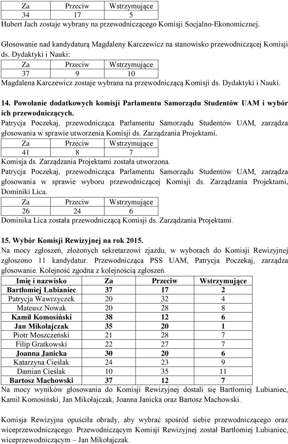 Powołanie dodatkowych komisji Parlamentu Samorządu Studentów UAM i wybór ich przewodniczących.