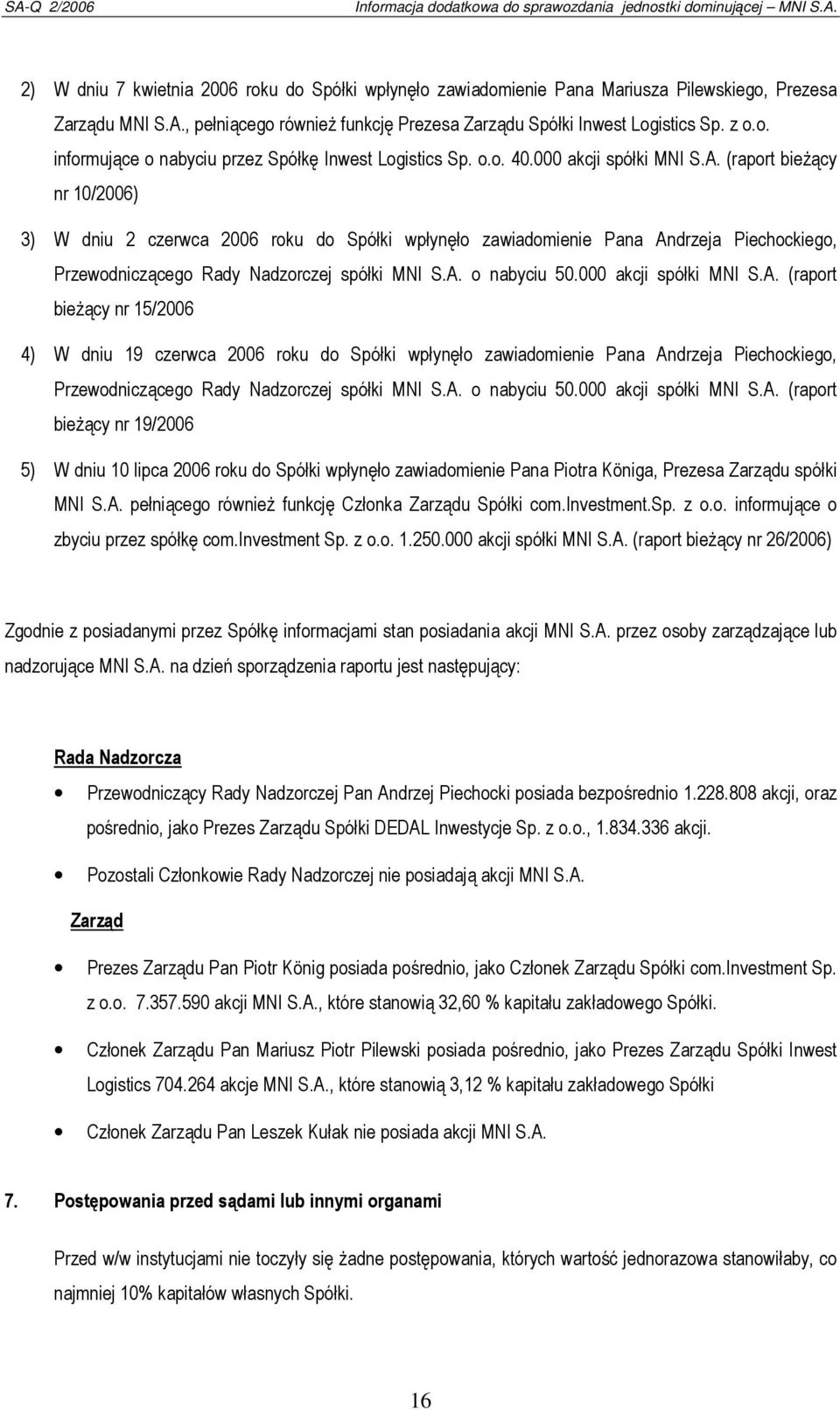 A. o nabyciu 50.000 akcji spółki MNI S.A. (raport bieżący nr 15/2006 4) W dniu 19 czerwca 2006 roku do Spółki wpłynęło zawiadomienie Pana Andrzeja Piechockiego, Przewodniczącego Rady Nadzorczej spółki MNI S.