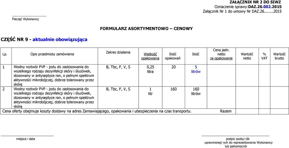 mikrobójczej, dobrze tolerowany przez skórę 2 Wodny  mikrobójczej, dobrze tolerowany przez skórę B, Tbc, F, V, S 0,25 B, Tbc, F, V, S 1 20 5 160