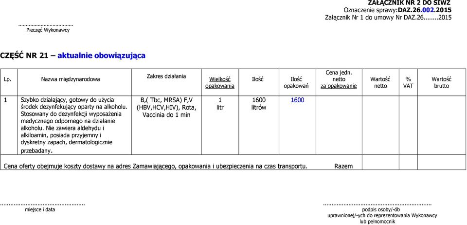 Stosowany do dezynfekcji wyposażenia medycznego odpornego na działanie alkoholu.