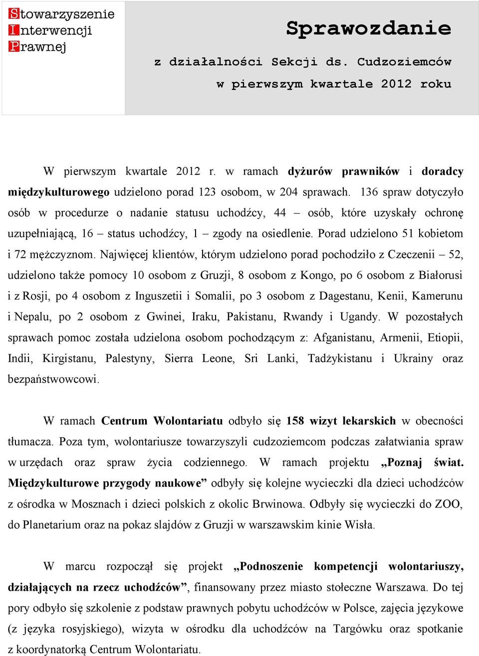 136 spraw dotyczyło osób w procedurze o nadanie statusu uchodźcy, 44 osób, które uzyskały ochronę uzupełniającą, 16 status uchodźcy, 1 zgody na osiedlenie. Porad udzielono 51 kobietom i 72 mężczyznom.