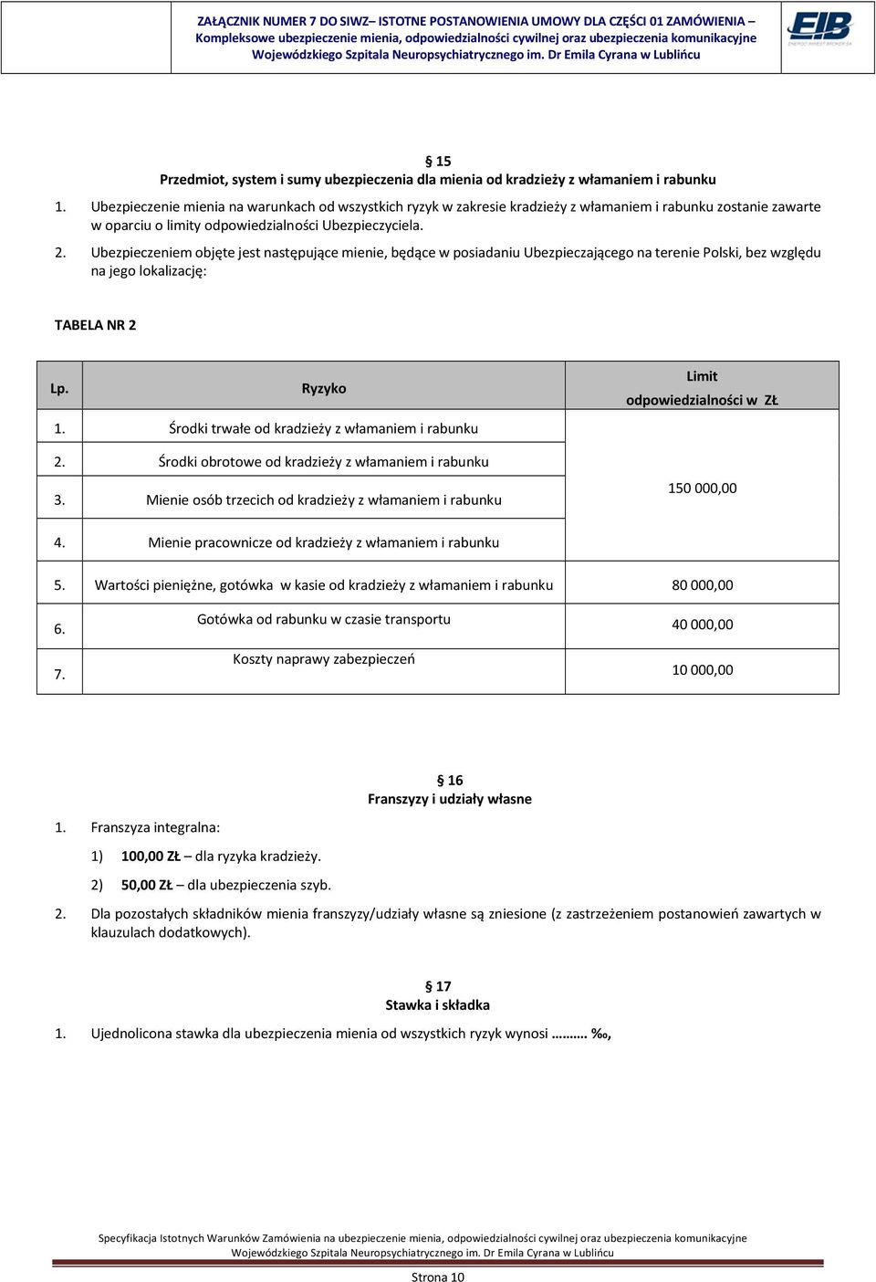 Ubezpieczeniem objęte jest następujące mienie, będące w posiadaniu Ubezpieczającego na terenie Polski, bez względu na jego lokalizację: TABELA NR 2 Lp. Ryzyko 1.