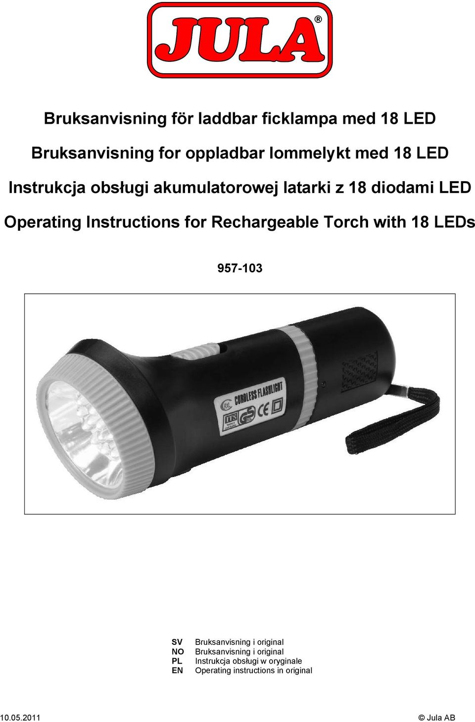 Rechargeable Torch with 18 LEDs 957-103 SV NO PL EN Bruksanvisning i original Bruksanvisning