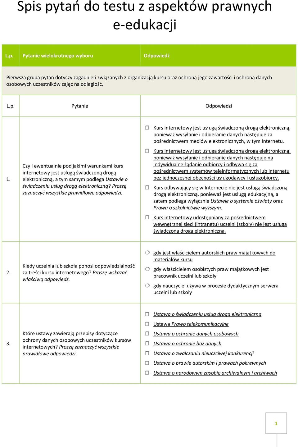 Proszę zaznaczyć wszystkie Kurs internetowy jest usługą świadczoną drogą elektroniczną, ponieważ wysyłanie i odbieranie danych następuje za pośrednictwem mediów elektronicznych, w tym Internetu.