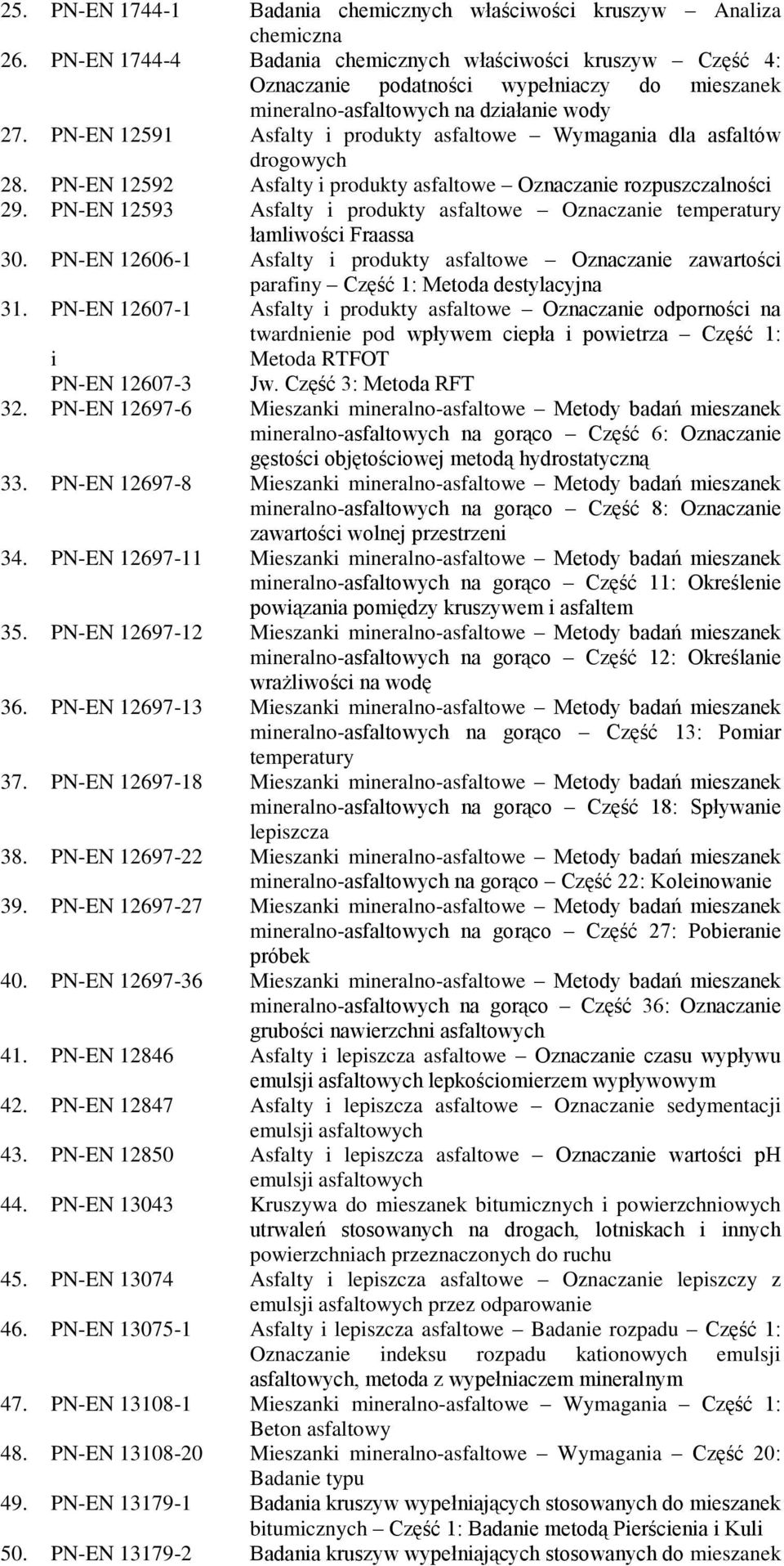 PN-EN 12591 Asfalty i produkty asfaltowe Wymagania dla asfaltów drogowych 28. PN-EN 12592 Asfalty i produkty asfaltowe Oznaczanie rozpuszczalności 29.