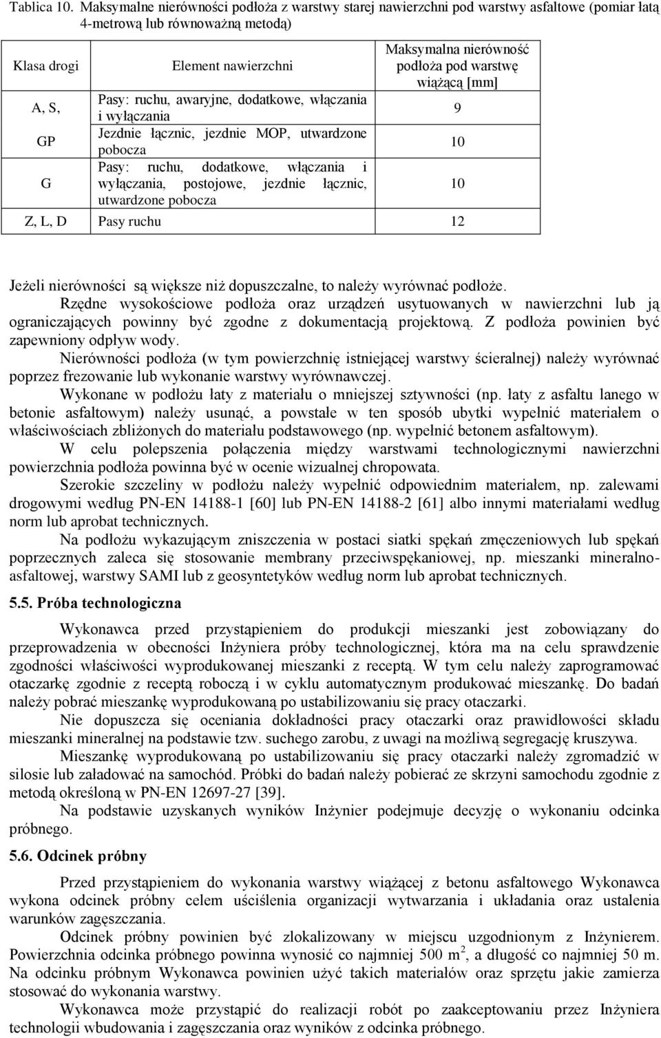 dodatkowe, włączania i wyłączania Jezdnie łącznic, jezdnie MOP, utwardzone pobocza Pasy: ruchu, dodatkowe, włączania i wyłączania, postojowe, jezdnie łącznic, utwardzone pobocza Maksymalna nierówność