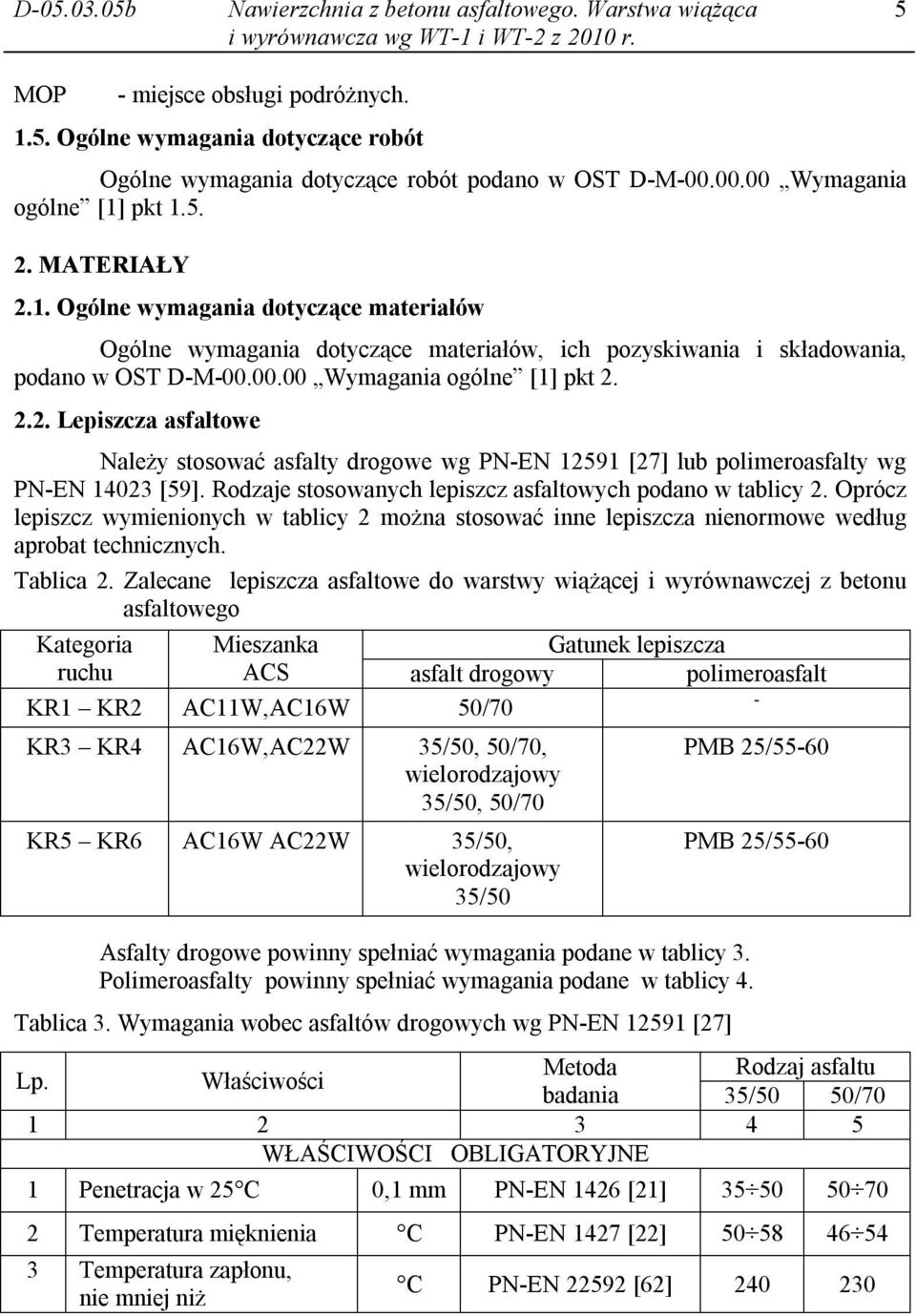 2.2. Lepiszcza asfaltowe Należy stosować asfalty drogowe wg PN-EN 12591 [27] lub polimeroasfalty wg PN-EN 14023 [59]. Rodzaje stosowanych lepiszcz asfaltowych podano w tablicy 2.