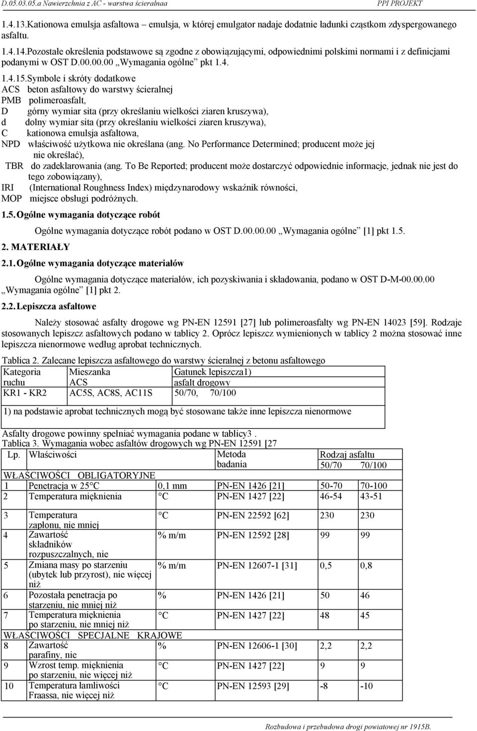 Symbole i skróty dodatkowe ACS beton asfaltowy do warstwy ścieralnej PMB polimeroasfalt, D górny wymiar sita (przy określaniu wielkości ziaren kruszywa), d dolny wymiar sita (przy określaniu