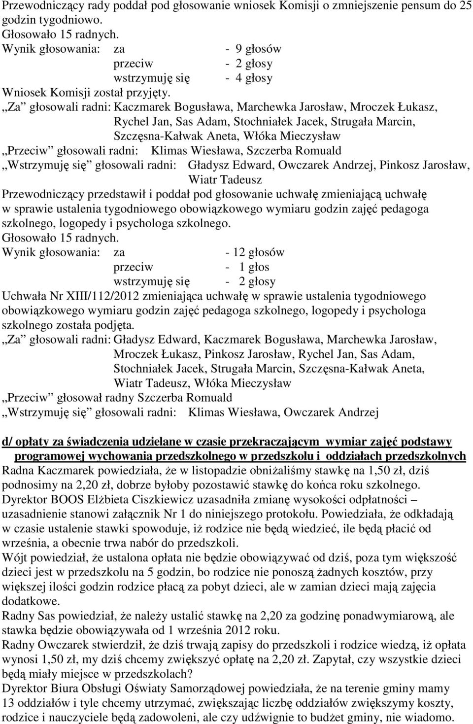 Za głosowali radni: Kaczmarek Bogusława, Marchewka Jarosław, Mroczek Łukasz, Rychel Jan, Sas Adam, Stochniałek Jacek, Strugała Marcin, Szczęsna-Kałwak Aneta, Włóka Mieczysław Przeciw głosowali radni: