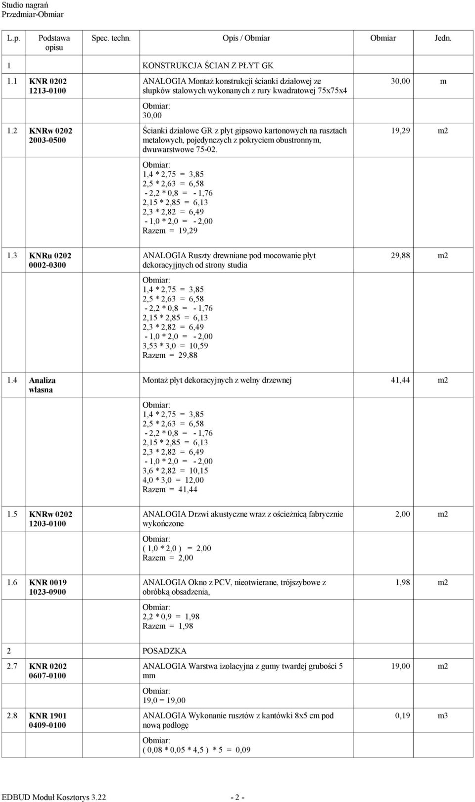 metalowych, pojedynczych z pokryciem obustronnym, dwuwarstwowe 75-02. 1,4 * 2,75 = 3,85 2,5 * 2,63 = 6,58-2,2 * 0,8 = - 1,76 2,15 * 2,85 = 6,13 2,3 * 2,82 = 6,49 Razem = 19,29 30,00 m 19,29 m2 1.