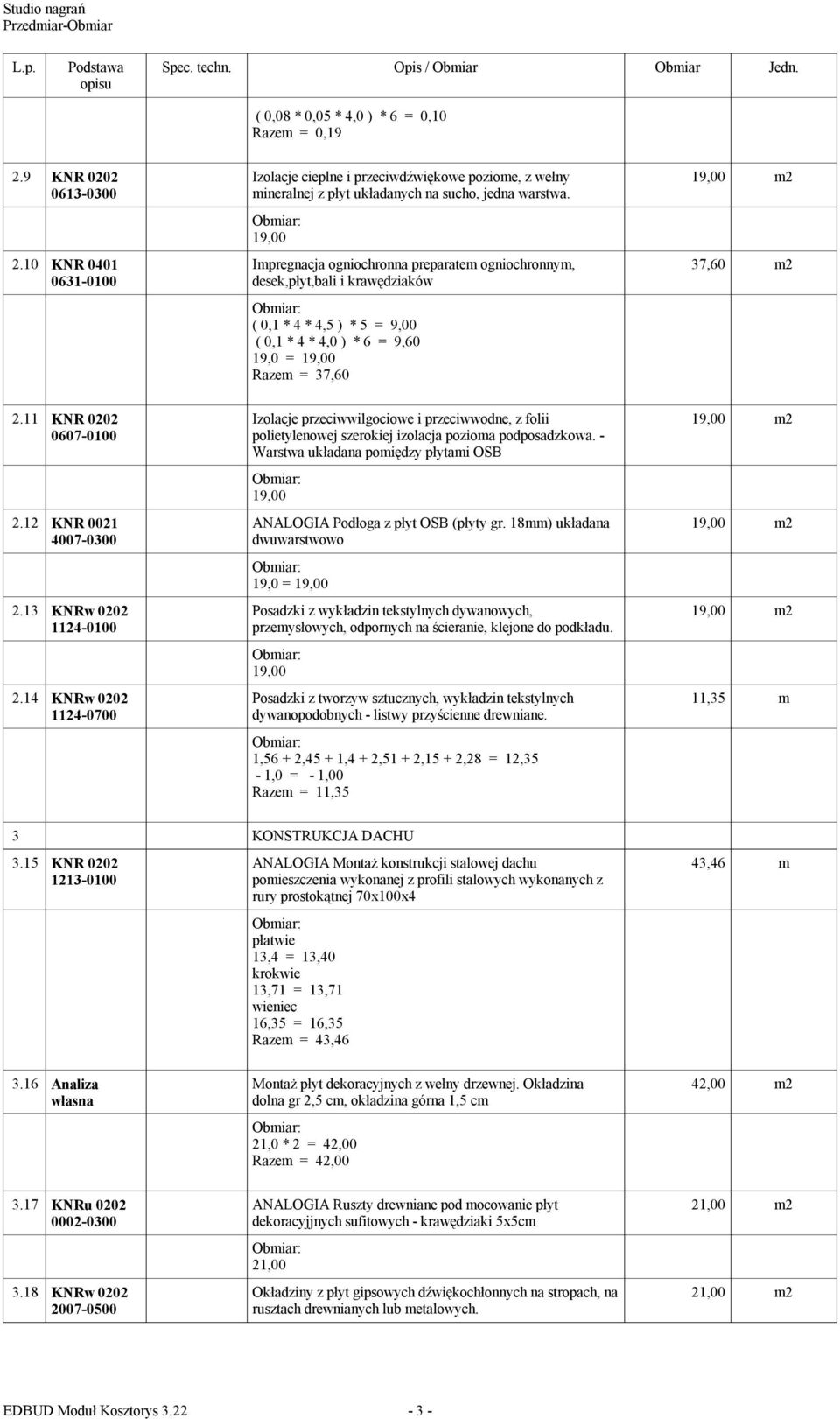 19,00 Impregnacja ogniochronna preparatem ogniochronnym, desek,płyt,bali i krawędziaków ( 0,1 * 4 * 4,5 ) * 5 = 9,00 ( 0,1 * 4 * 4,0 ) * 6 = 9,60 Razem = 37,60 37,60 m2 2.11 KNR 0202 0607-0100 2.