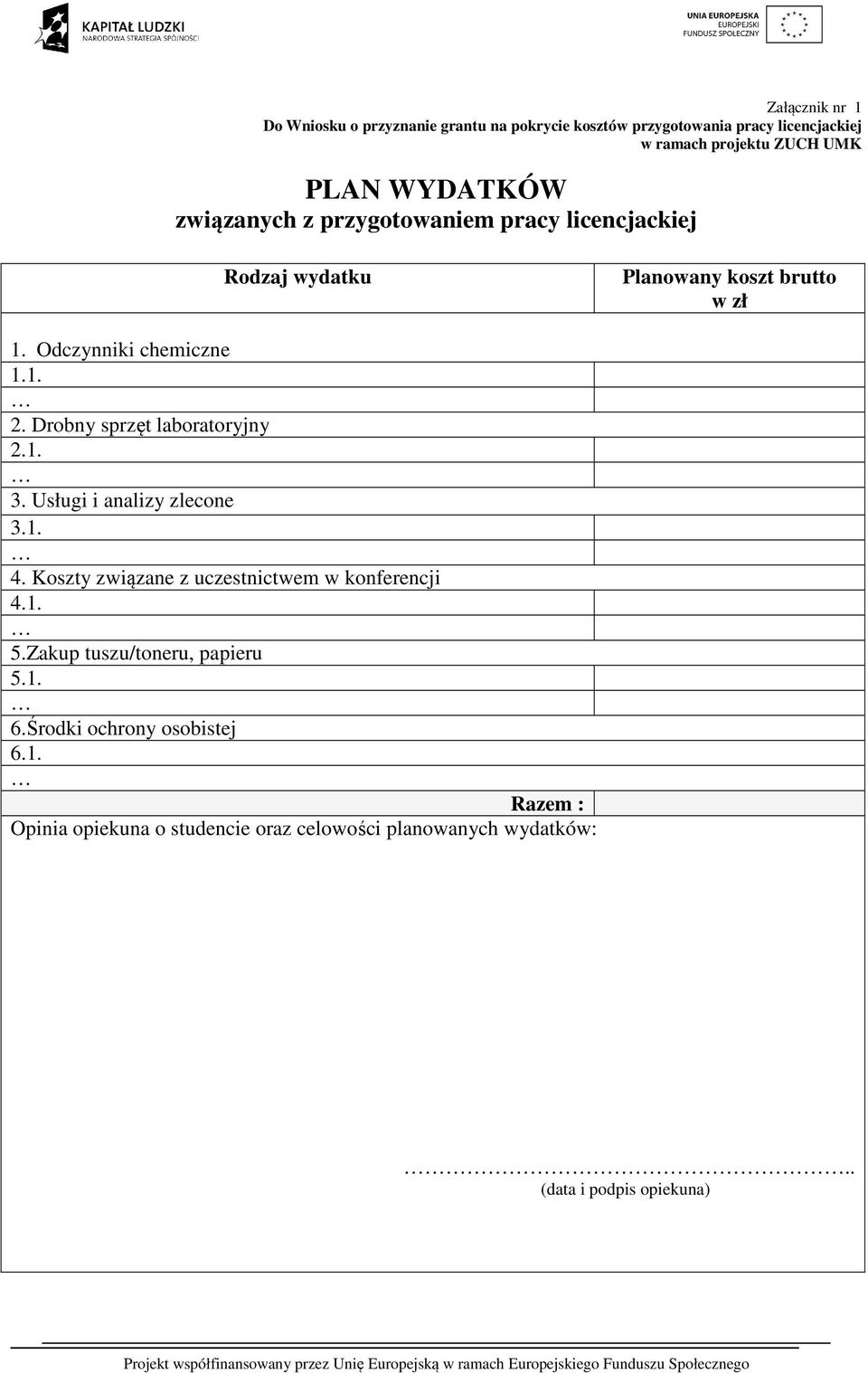 Drobny sprzęt laboratoryjny 2.1. 3. Usługi i analizy zlecone 3.1. 4. Koszty związane z uczestnictwem w konferencji 4.1. 5.