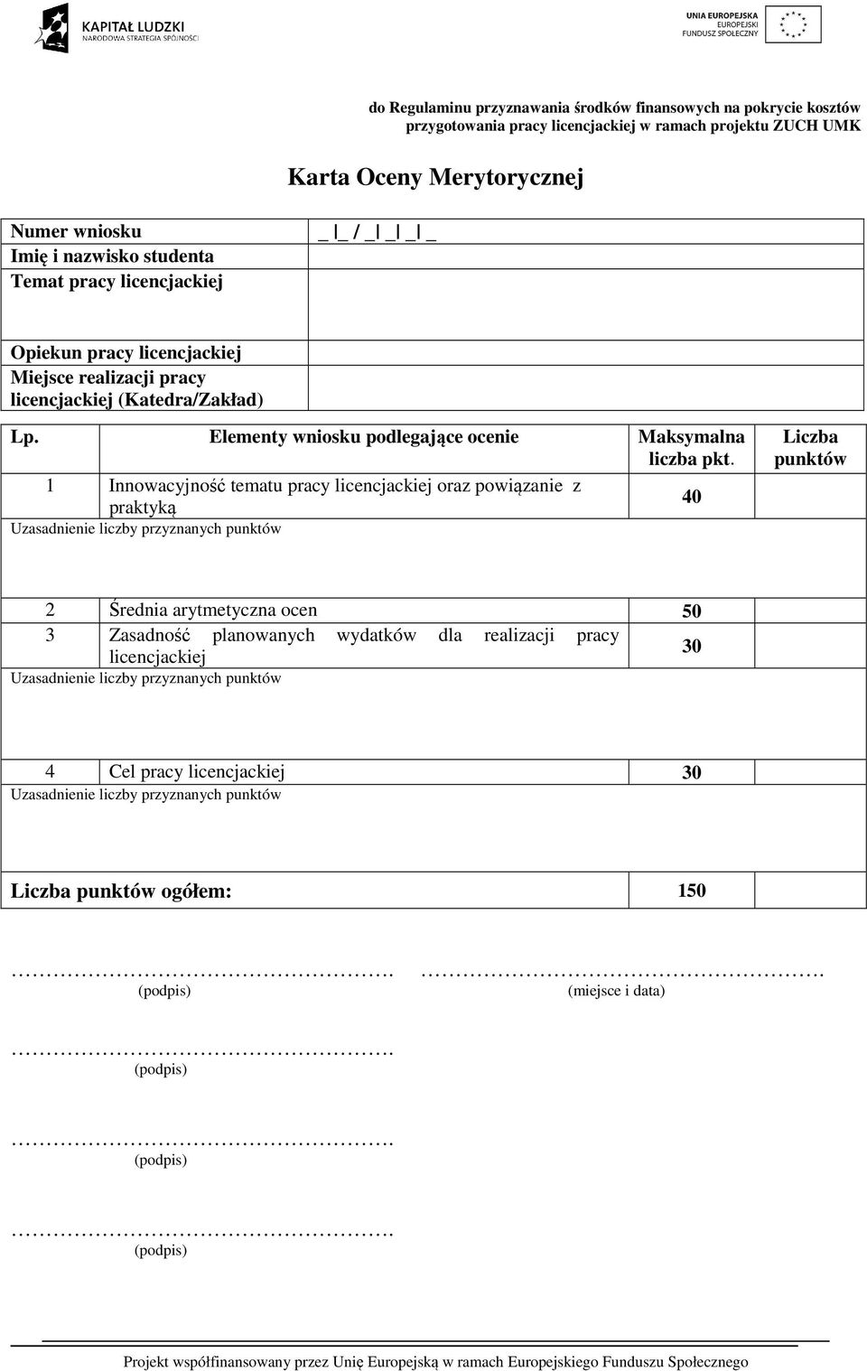 1 Innowacyjność tematu pracy licencjackiej oraz powiązanie z praktyką 40 Uzasadnienie liczby przyznanych punktów Liczba punktów 2 Średnia arytmetyczna ocen 50 3