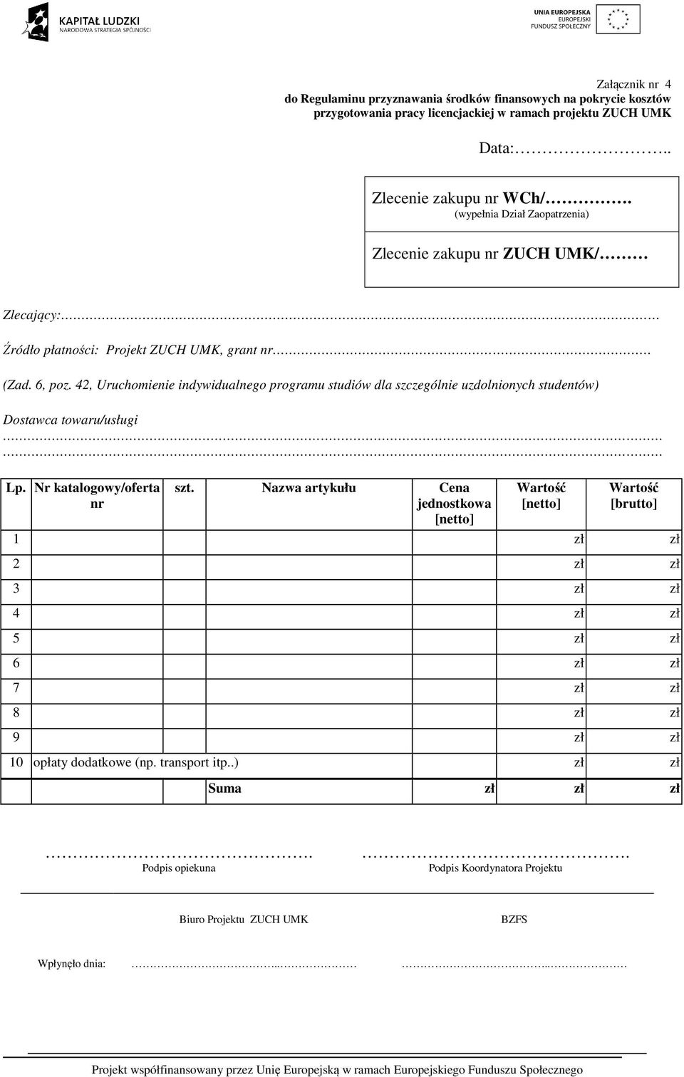 42, Uruchomienie indywidualnego programu studiów dla szczególnie uzdolnionych studentów) Dostawca towaru/usługi Lp. Nr katalogowy/oferta nr szt.