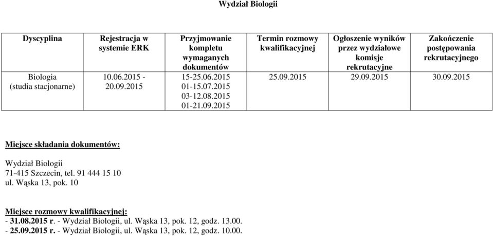 91 444 15 10 ul. Wąska 13, pok. 10 - r. - Wydział Biologii, ul. Wąska 13, pok. 12, godz.