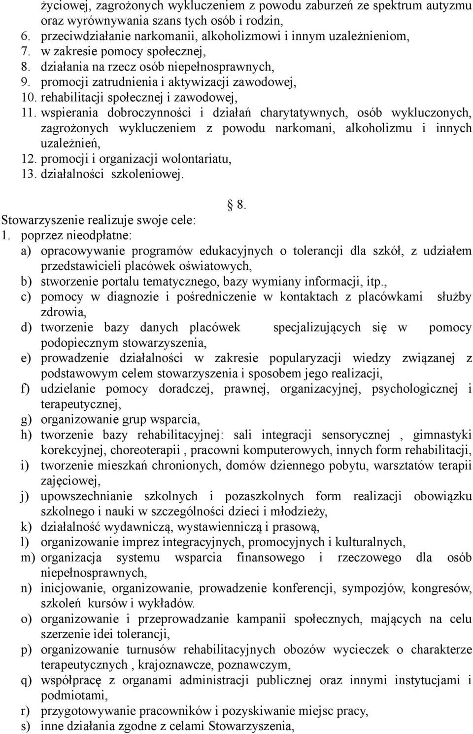 wspierania dobroczynności i działań charytatywnych, osób wykluczonych, zagrożonych wykluczeniem z powodu narkomani, alkoholizmu i innych uzależnień, 12. promocji i organizacji wolontariatu, 13.