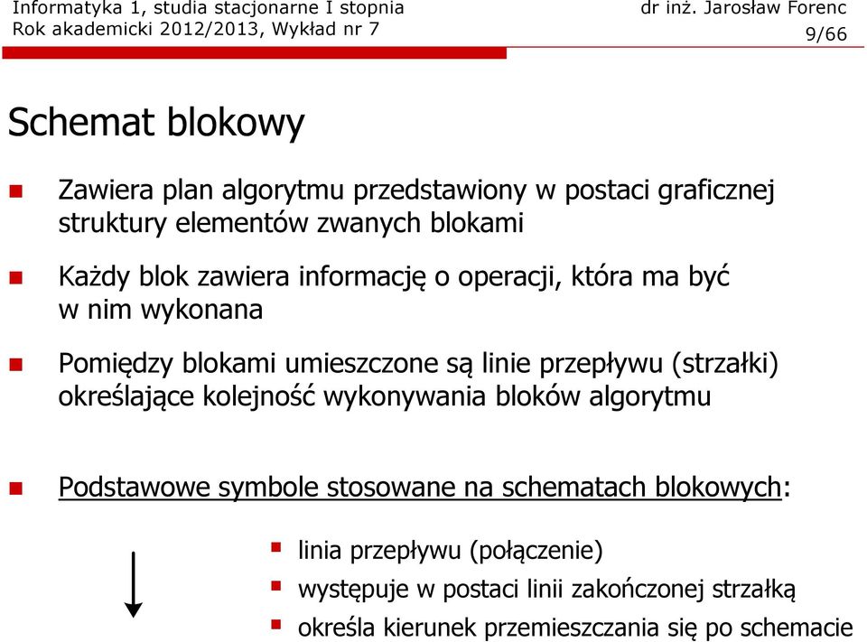 linie przepływu (strzałki) określające kolejność wykonywania loków algorytmu Podstawowe symole stosowane na schematach