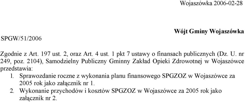 2104), Samodzielny Publiczny Gminny Zakład Opieki Zdrowotnej w Wojaszówce przedstawia: 1.