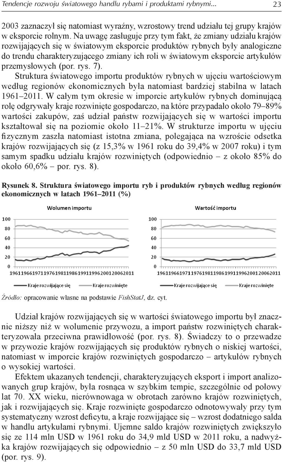 eksporcie artykułów przemysłowych (por. rys. 7). Struktura światowego importu produktów rybnych w ujęciu wartościowym według regionów ekonomicznych była natomiast bardziej stabilna w latach 1961 2011.