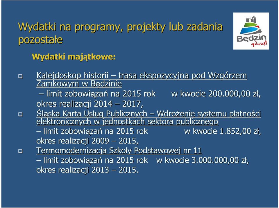 000,00 zł, z okres realizacji 2014 2017, Śląska Karta Usług Publicznych Wdrożenie systemu płatnop atności elektronicznych w jednostkach