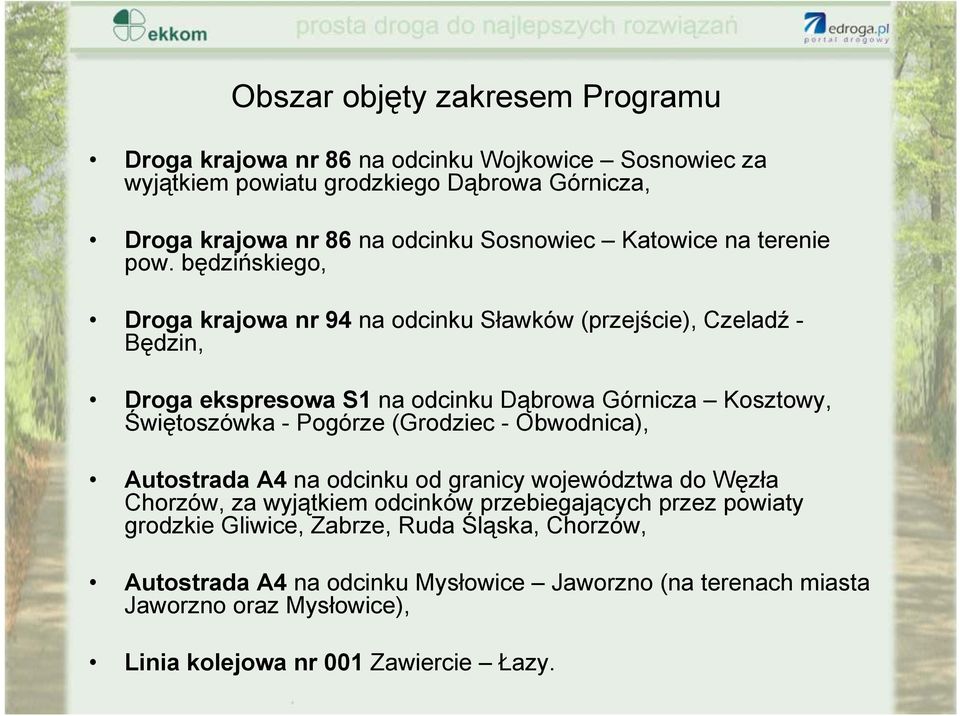 będzińskiego, Droga krajowa nr 94 na odcinku Sławków (przejście), Czeladź - Będzin, Droga ekspresowa S1 na odcinku Dąbrowa Górnicza Kosztowy, Świętoszówka - Pogórze