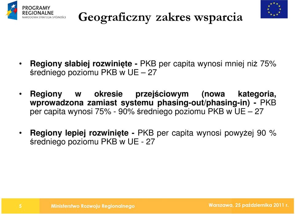 phasing-out/phasing-in) - PKB per capita wynosi 75% - 90% średniego poziomu PKB w UE 27 Regiony lepiej