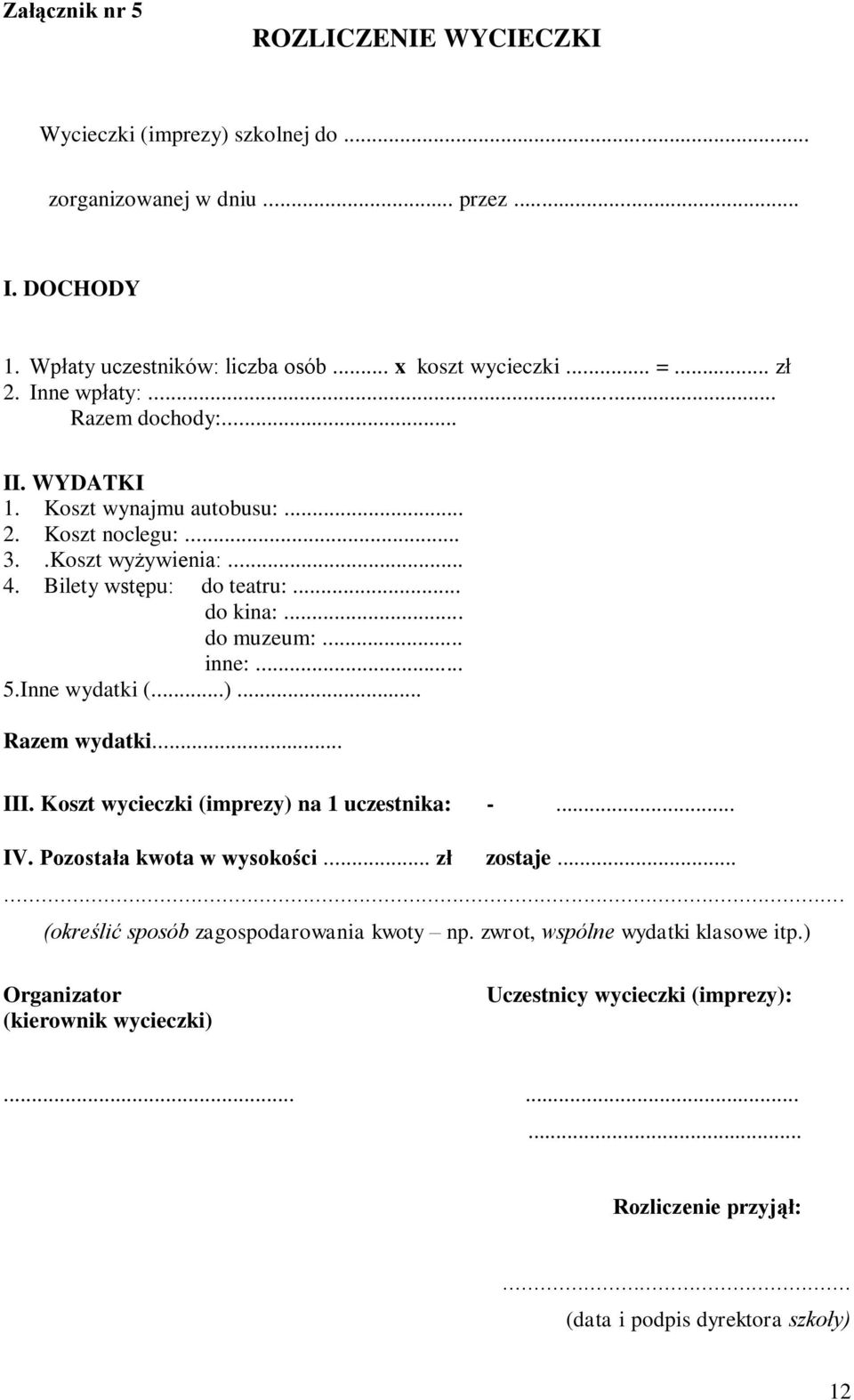 .. 5.Inne wydatki (...)... Razem wydatki... III. Koszt wycieczki (imprezy) na 1 uczestnika: -... IV. Pozostała kwota w wysokości... zł zostaje.