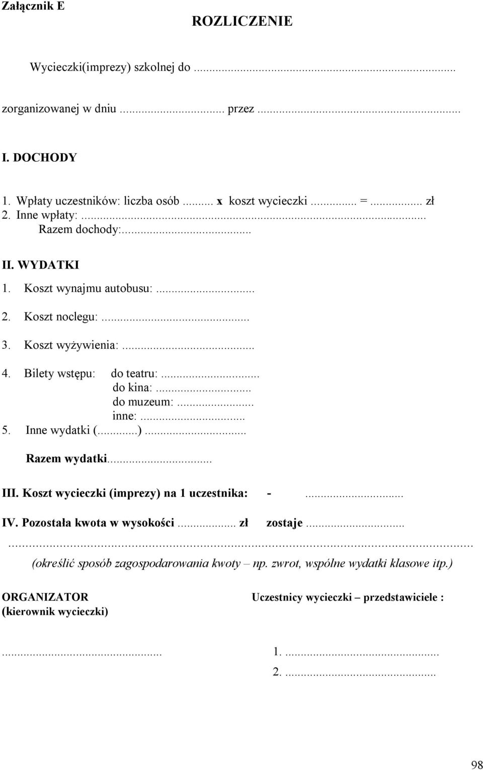 .. do muzeum:... inne:... 5. Inne wydatki (...)... Razem wydatki... III. Koszt wycieczki (imprezy) na 1 uczestnika: -... IV. Pozostała kwota w wysokości... zł zostaje.