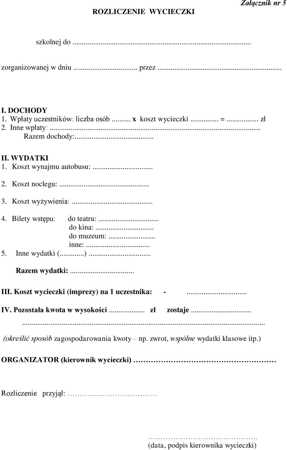 .. do muzeum:... inne:... 5. Inne wydatki (...)... Razem wydatki:... III. Koszt wycieczki (imprezy) na 1 uczestnika: -... IV. Pozostała kwota w wysokości... zł zostaje.
