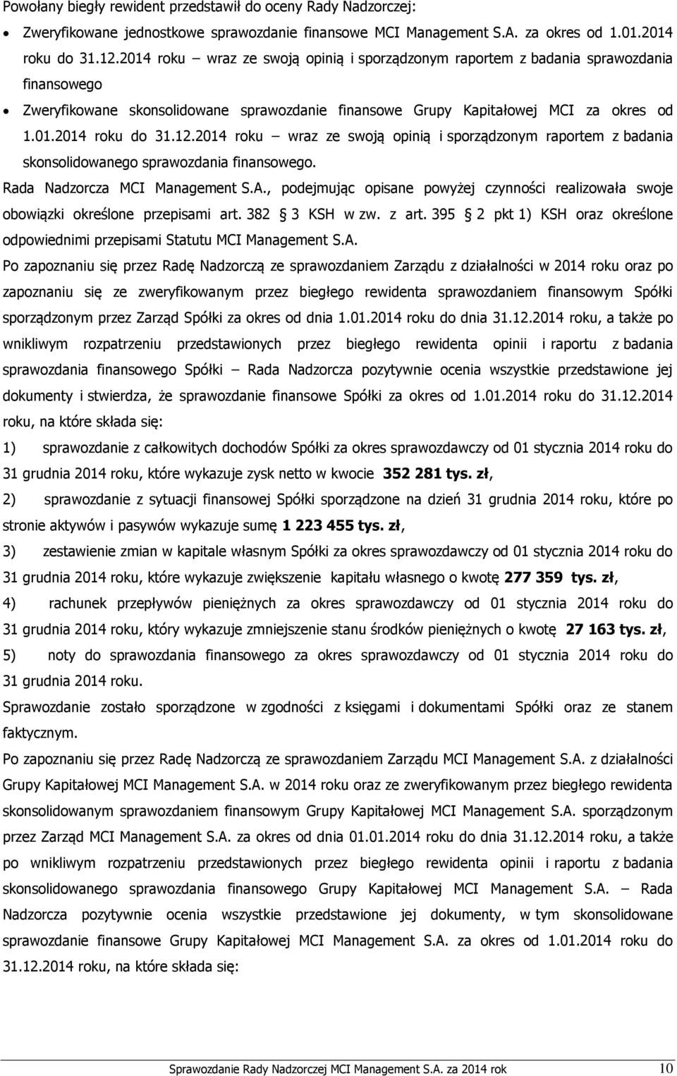 2014 roku wraz ze swoją opinią i sporządzonym raportem z badania skonsolidowanego sprawozdania finansowego. Rada Nadzorcza MCI Management S.A.