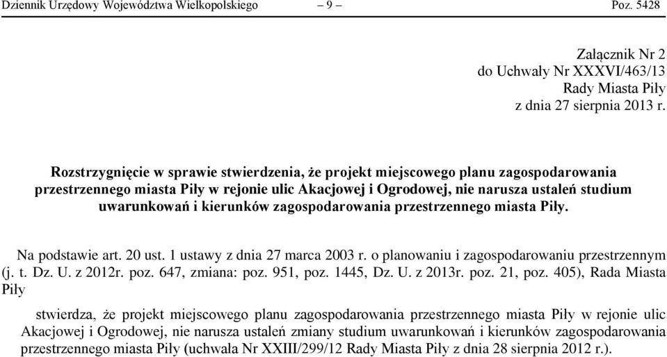 kierunków zagospodarowania przestrzennego miasta Piły. Na podstawie art. 20 ust. 1 ustawy z dnia 27 marca 2003 r. o planowaniu i zagospodarowaniu przestrzennym (j. t. Dz. U. z 2012r. poz.