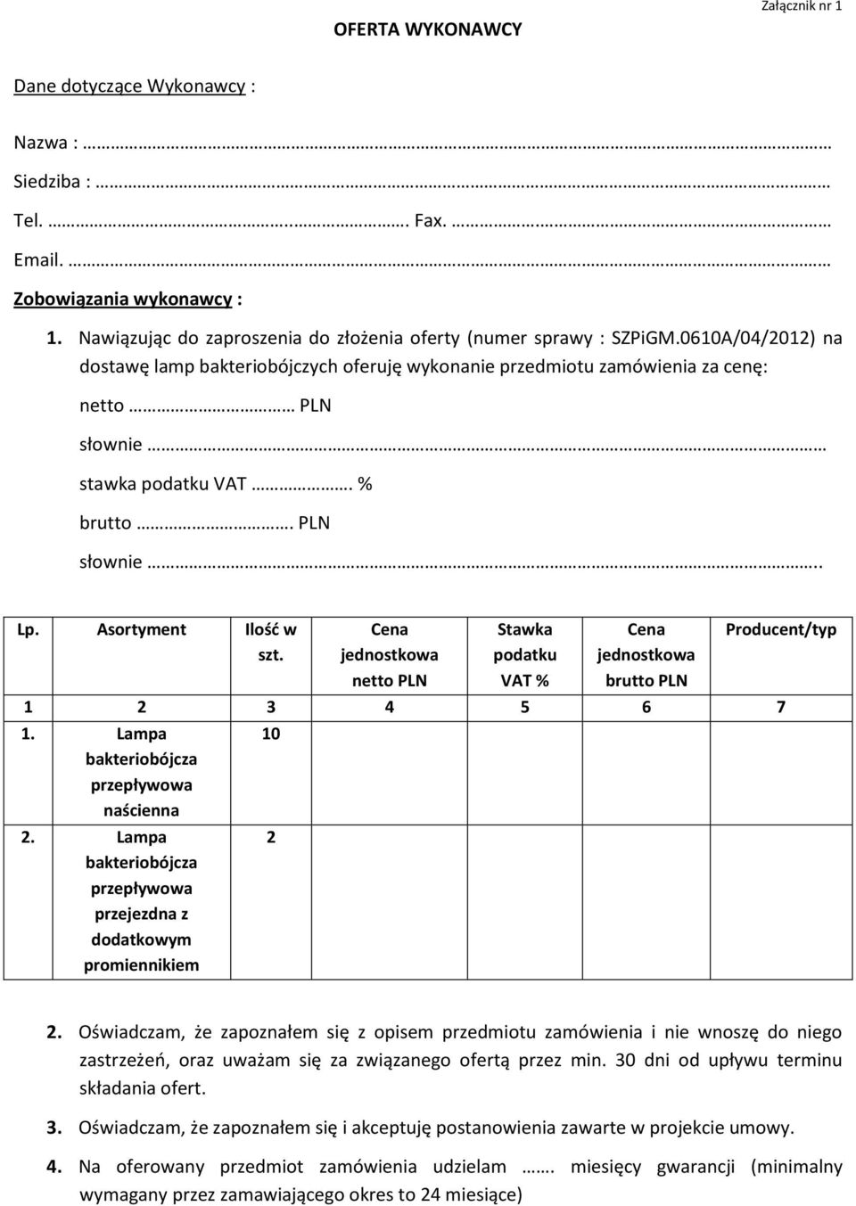 Cena jednostkowa netto PLN Stawka podatku VAT % Cena jednostkowa brutto PLN Producent/typ 1 2 3 4 5 6 7 1. Lampa bakteriobójcza przepływowa naścienna 2.
