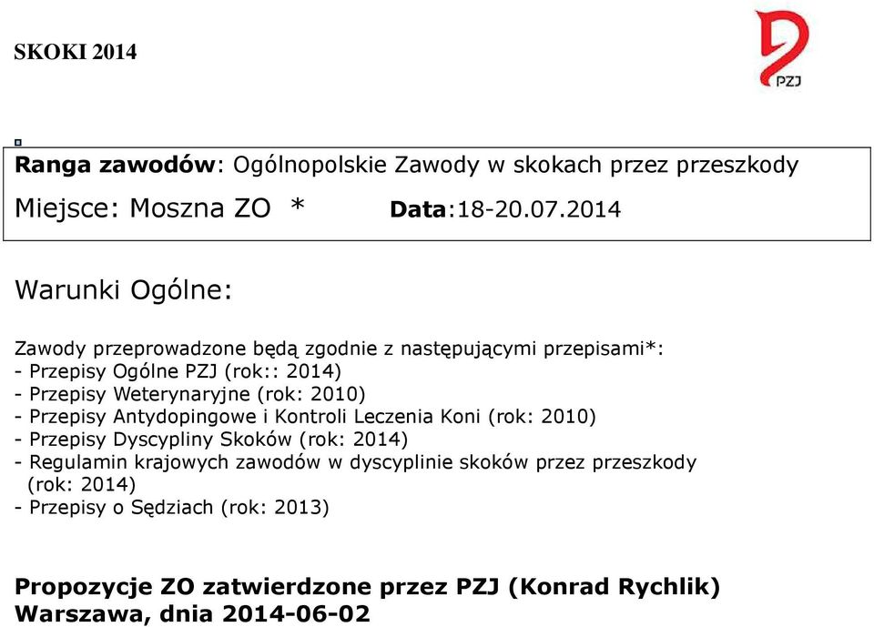 Weterynaryjne (rok: 2010) - Przepisy Antydopingowe i Kontroli Leczenia Koni (rok: 2010) - Przepisy Dyscypliny Skoków (rok: 2014) -