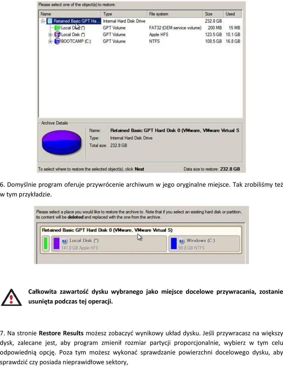 Na stronie Restore Results możesz zobaczyd wynikowy układ dysku.