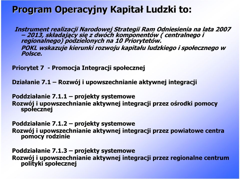 1 Rozwój i upowszechnianie aktywnej integracji Poddziałanie 7.1.1 projekty systemowe Rozwój i upowszechnianie aktywnej integracji przez ośrodki pomocy społecznej Poddziałanie 7.1.2 projekty systemowe Rozwój i upowszechnianie aktywnej integracji przez powiatowe centra pomocy rodzinie Poddziałanie 7.