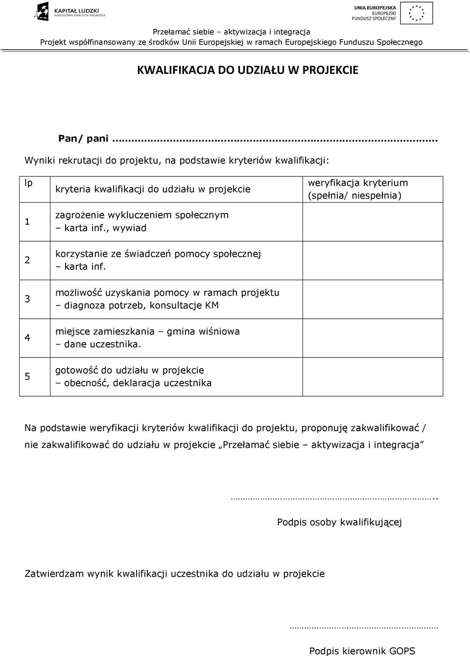 3 moŝliwość uzyskania pomocy w ramach projektu diagnoza potrzeb, konsultacje KM 4 miejsce zamieszkania gmina wiśniowa dane uczestnika.