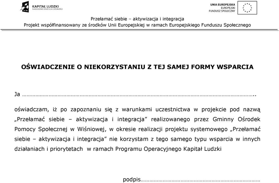 integracja realizowanego przez Gminny Ośrodek Pomocy Społecznej w Wiśniowej, w okresie realizacji projektu