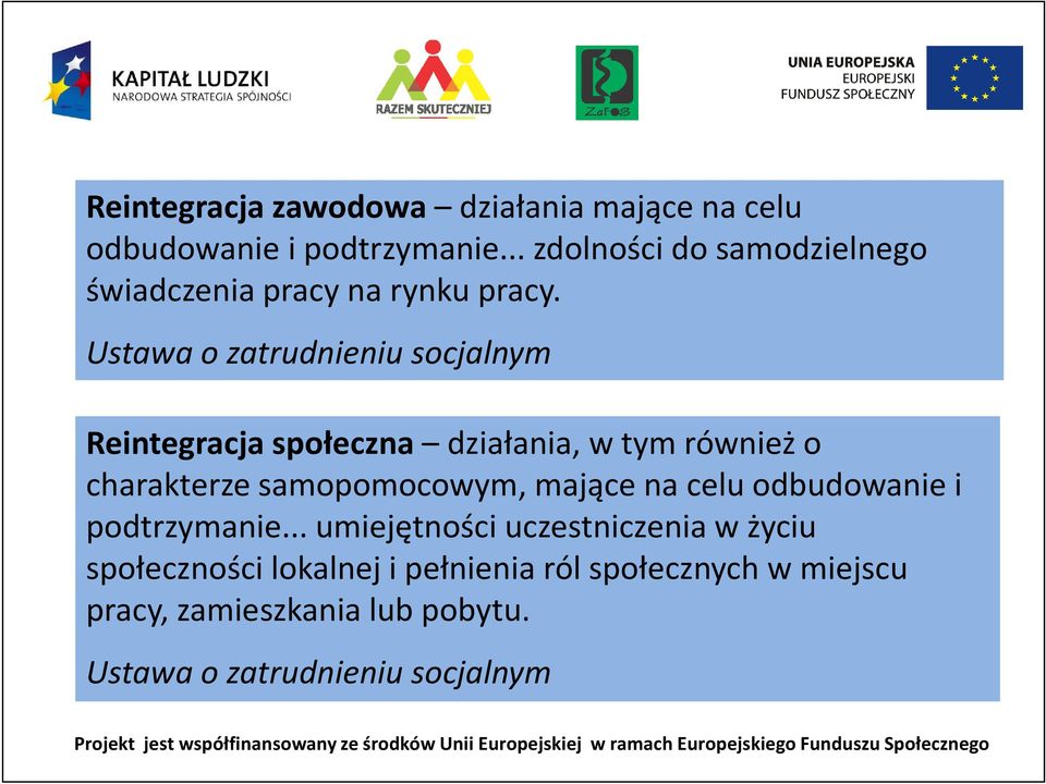 Ustawa o zatrudnieniu socjalnym Reintegracja społeczna działania, w tym również o charakterze samopomocowym, mające