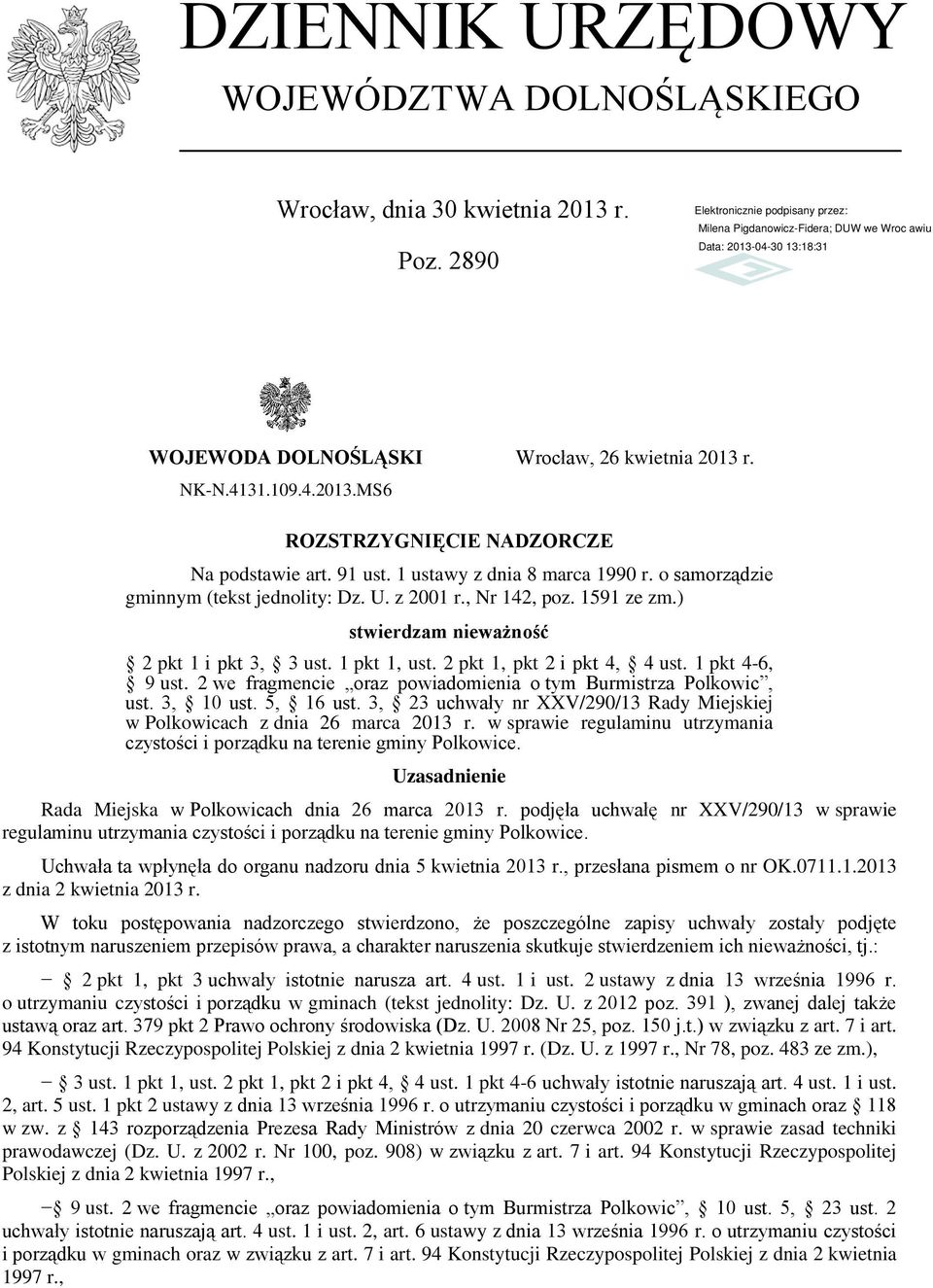 2 pkt 1, pkt 2 i pkt 4, 4 ust. 1 pkt 4-6, 9 ust. 2 we fragmencie oraz powiadomienia o tym Burmistrza Polkowic, ust. 3, 10 ust. 5, 16 ust.