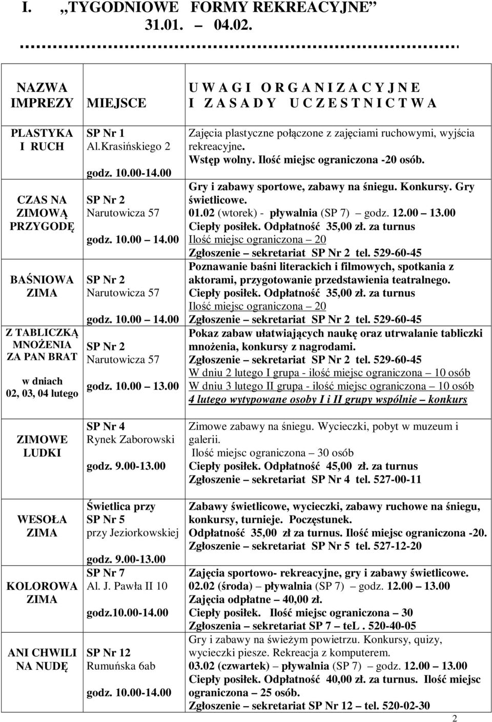 04 lutego ZIMOWE LUDKI WESOŁA ZIMA KOLOROWA ZIMA ANI CHWILI NA NUDĘ SP Nr 1 Al.Krasińskiego 2 godz. 10.00-14.00 SP Nr 2 Narutowicza 57 godz. 10.00 14.00 SP Nr 2 Narutowicza 57 godz. 10.00 14.00 SP Nr 2 Narutowicza 57 godz. 10.00 13.