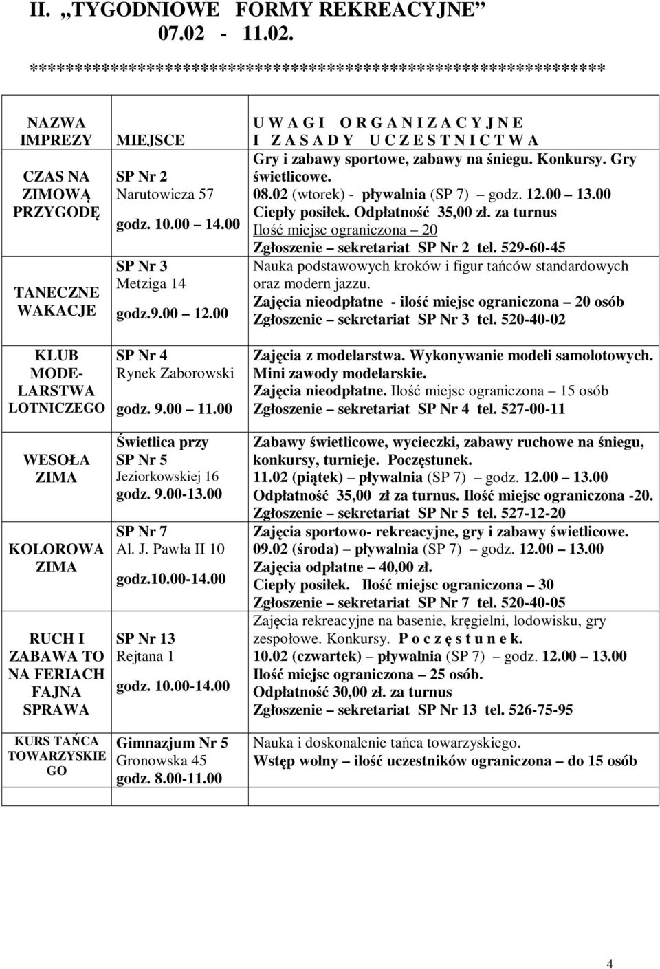 **************************************************************** NAZWA IMPREZY CZAS NA ZIMOWĄ PRZYGODĘ TANECZNE WAKACJE KLUB MODE- LARSTWA LOTNICZEGO WESOŁA ZIMA KOLOROWA ZIMA RUCH I ZABAWA TO NA